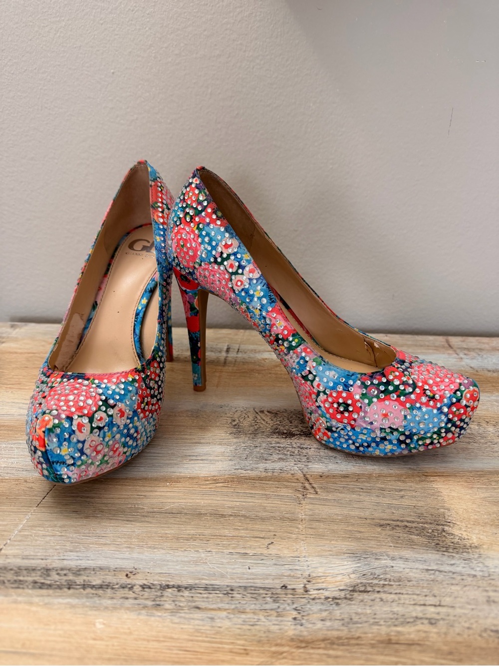 Gianni Bini Floral Rhinestone Platform Pumps in Pink and Blue